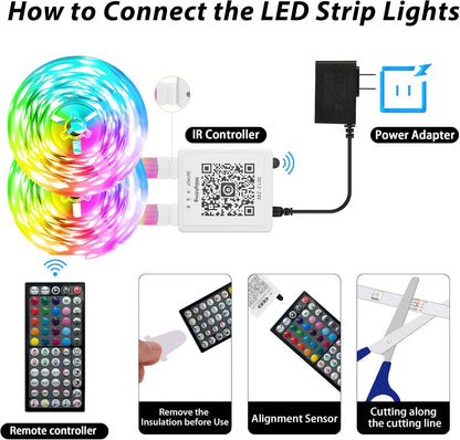 200ft RGB LED Strip Lights – 2 × 100ft Rolls, Music Sync, Color Changing, Remote & App Control